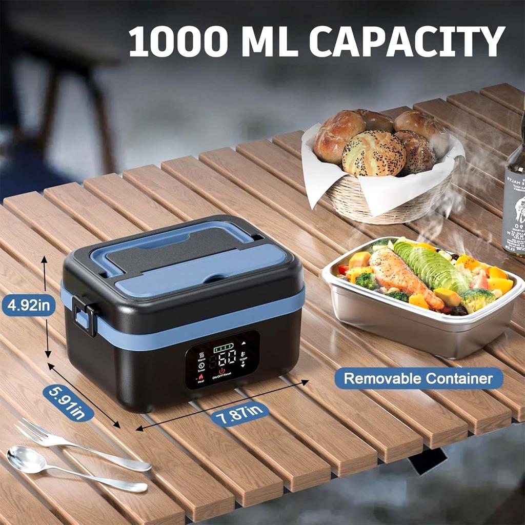 Cordless Electric Lunch Box,8000mAh Self-heating Food Warmer with Power Bank & Smart Timer, 60W Fast Heating Leak-proof Heated Lunch Box