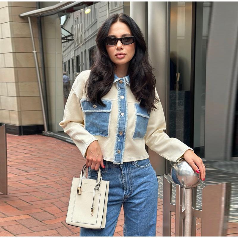 Y2k Women Denim Patchwork Jacket Coat Lapel Long Sleeves Jackets with Pockets Spring Casual Lady Denim Coats Designer Outwear Top