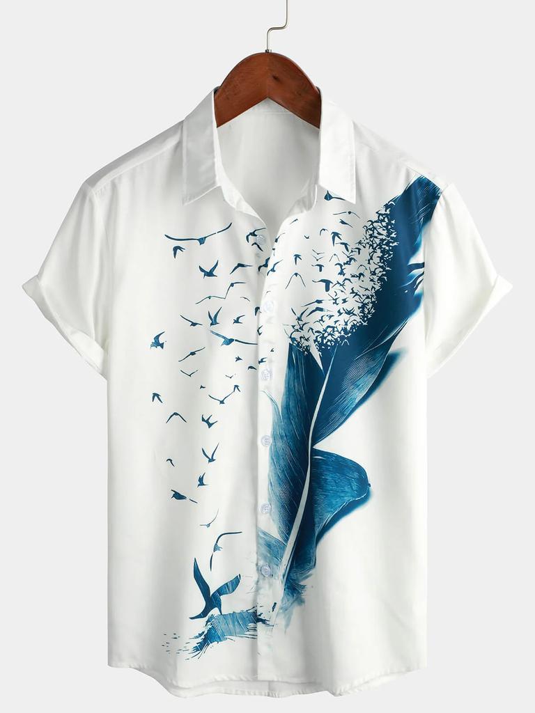 Herren Blau Floralprint Hawaiian Hemd mit Knöpfen Sommer Strand Lässig Kragen Kurzarmhemd Ropa Casual Para Hombres