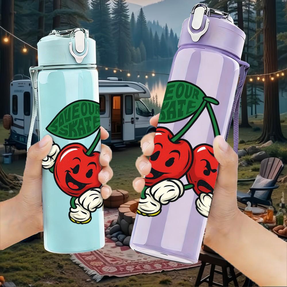 1PC Cherry Fruit Berry Design 750ml Color Plastic Sports Water Bottle Leakproof Flip Straw Lid Suitable for Sports Office Home Use