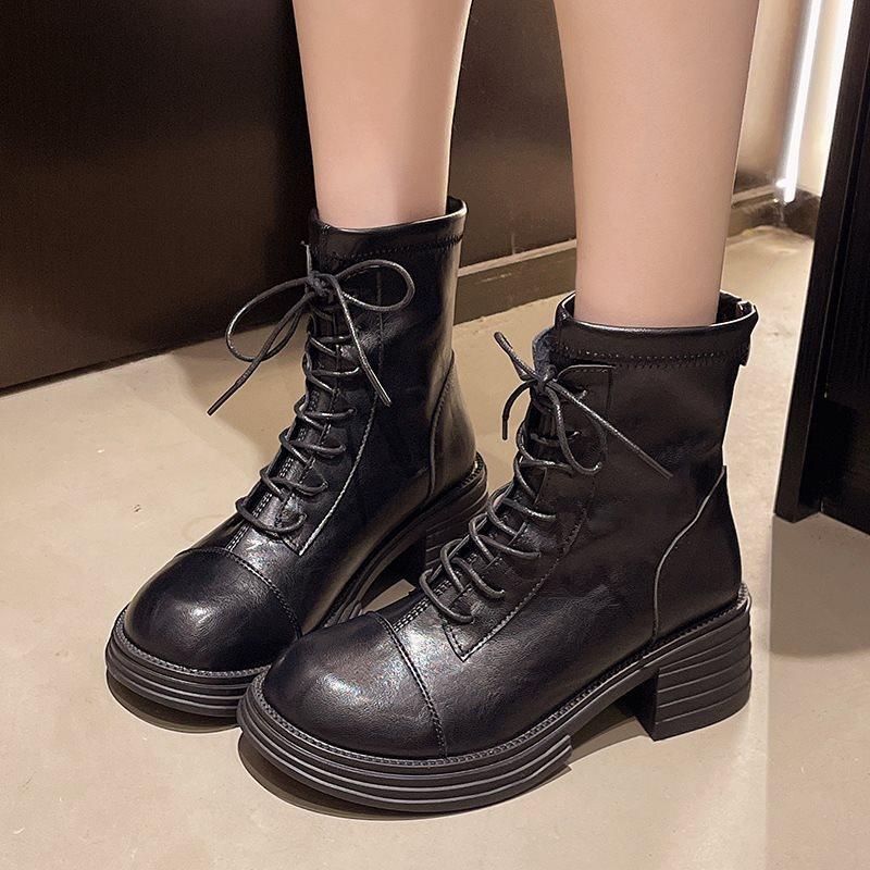 Skinny boots lace-up short boots Martin boots women's British style new thick-soled autumn brown thick heel 2025 super fire elastic