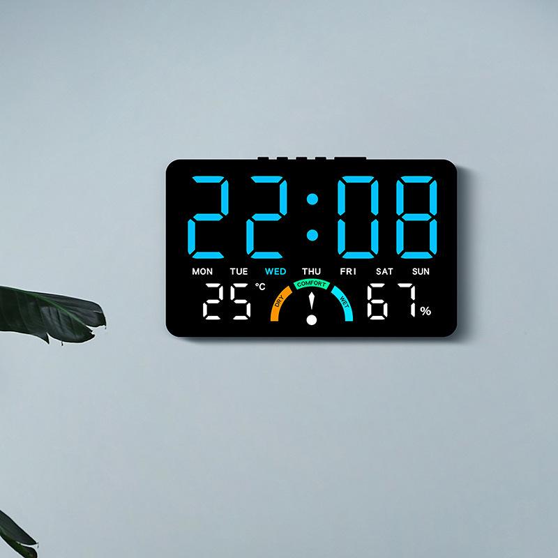 GH9007 Multifunctional LED Clock: Large Screen, Wall-Mountable & Tabletop, with Temperature, Humidity, and Alarm Features.