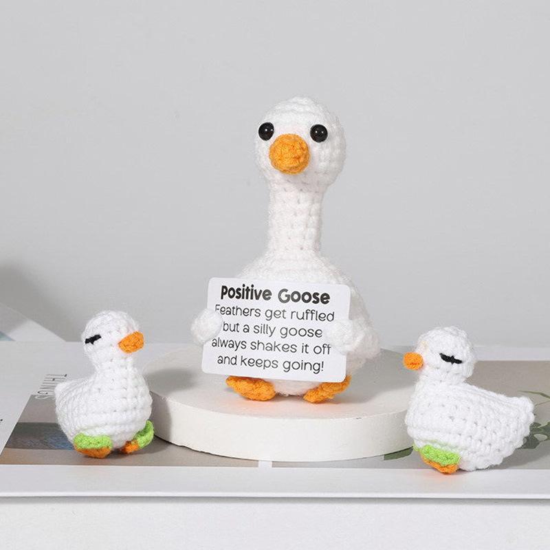 New Positive Energy Goose Hug Pocket Mini Handmade Plush Wool Knitting Doll with Card Funny Christams Gift Home Room Decoration