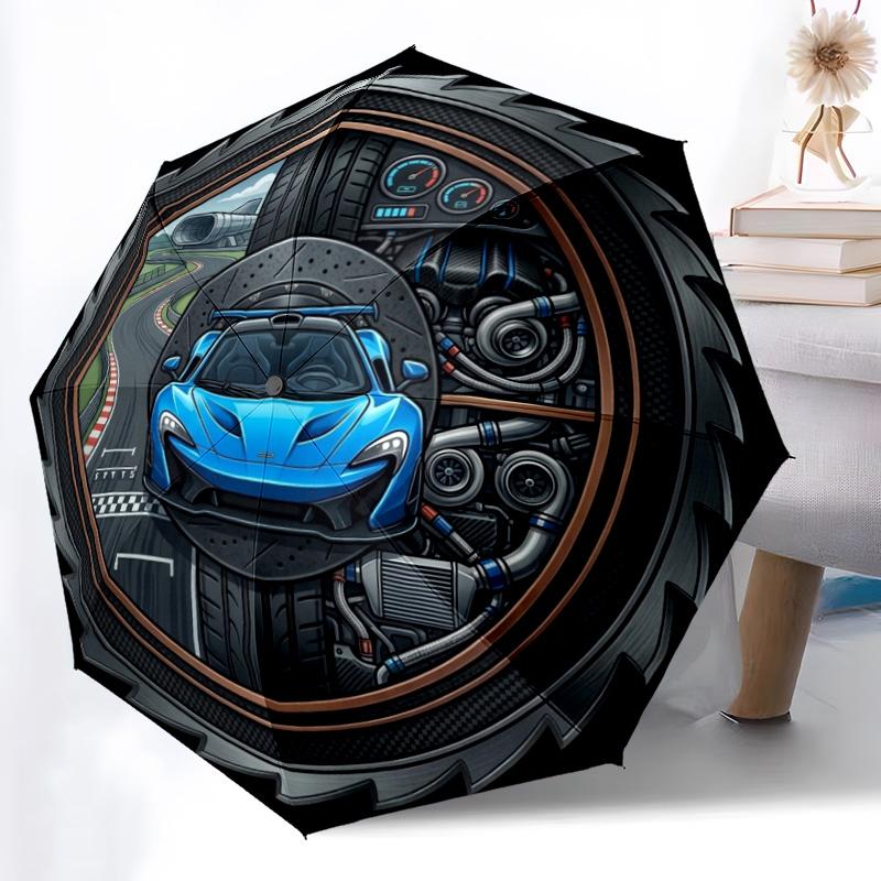 Parapluie motif automobile, design portable et pliable, 8 baleines, un accessoire décontracté pour Halloween, Noël et les cadeaux d'anniversaire.
