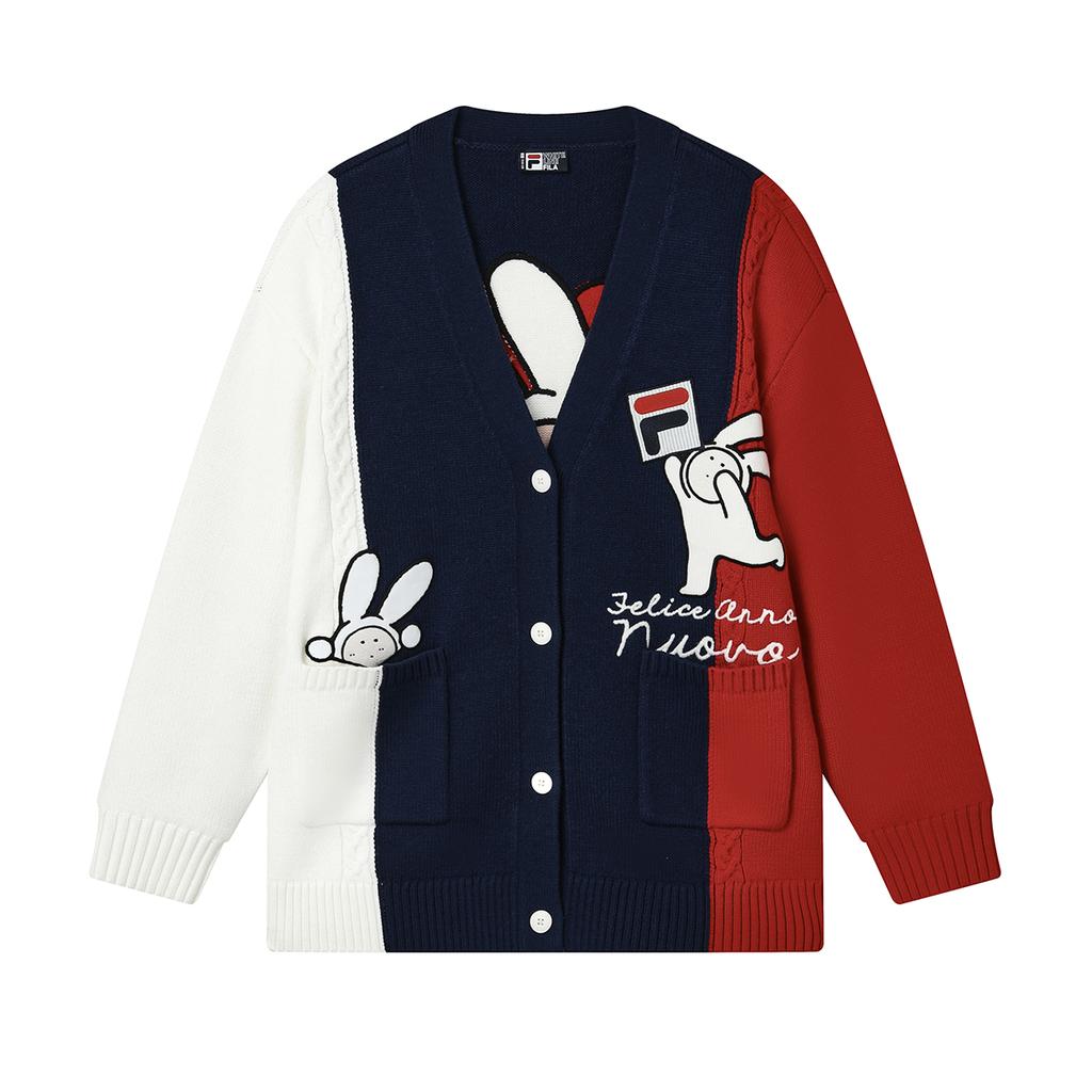 Fila CNY Bunny Collaboration Series Pattern Print V-Neck Knit Sweater Women Sweater Smoky-Blue F11W319407F-DB
