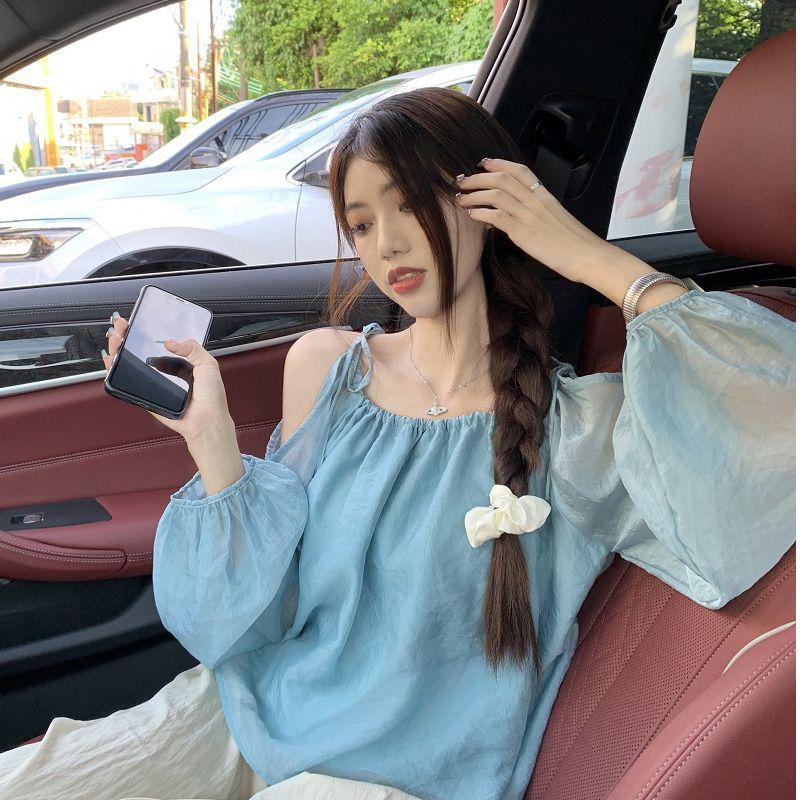 

Тонкая шифоновая блузка без бретелек с рукавами-фонариками в корейском стиле, женский летний ленивый стиль, свободный, стройнящий, солнцезащитный топ XL синий