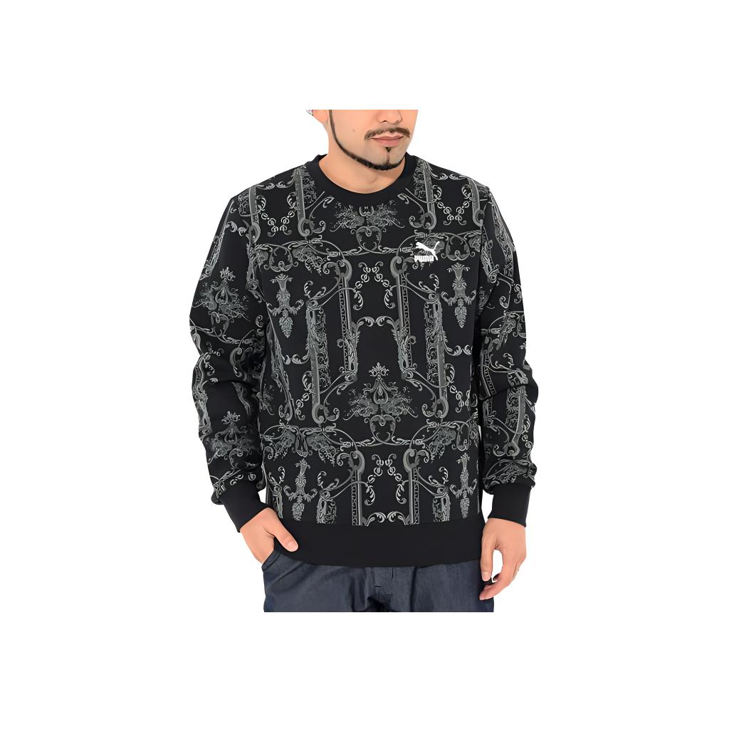 Puma Luxe Aop Crew Neck Knit Sweatshirt Men Tops Black 530305-01