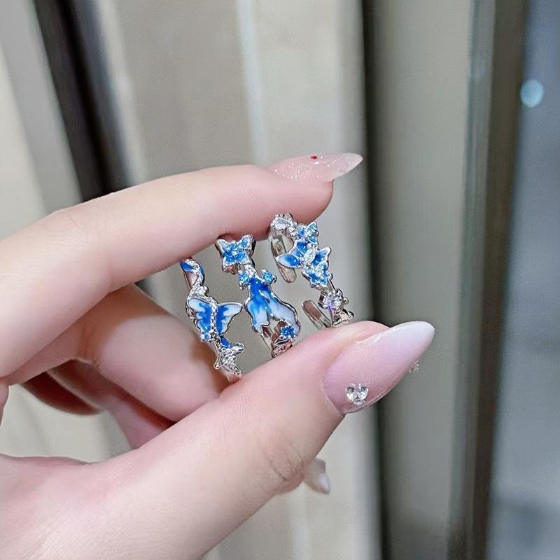 Blue Enamel Oil Drop Butterfly Open Ring Full Of Diamonds Zircon Light Luxury High Sense Super Fairy Flash White Ring Woman