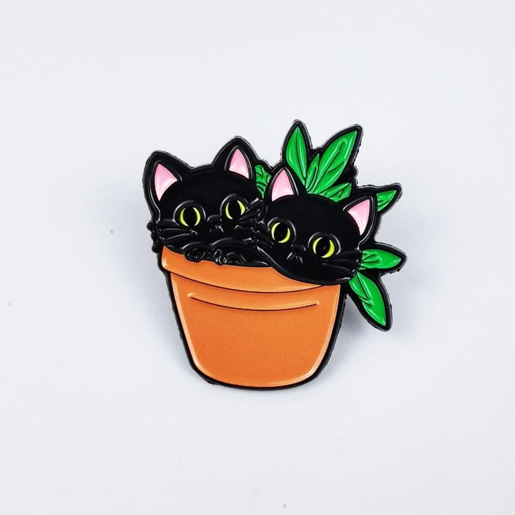 Cute Black Cat Potted Plant Brooch - Cartoon Animal Alloy Accessory for Backpacks & Clothing