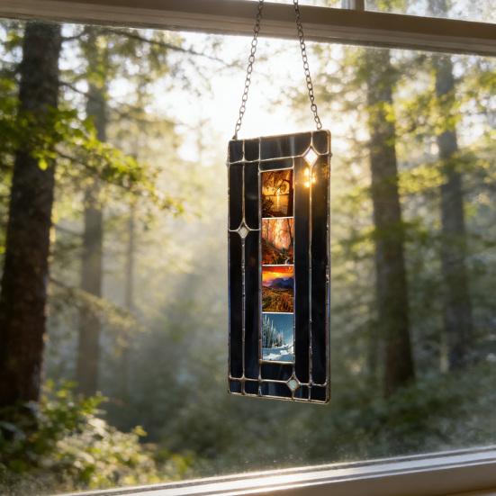 Cadru Photobooth Vitraliu Handmade Cadru Vertical Vintage pentru Benzi Foto cu 4 Poze Cadru de Cupru Folie Vitraliu Lucrat Manual Cadou de Amintire