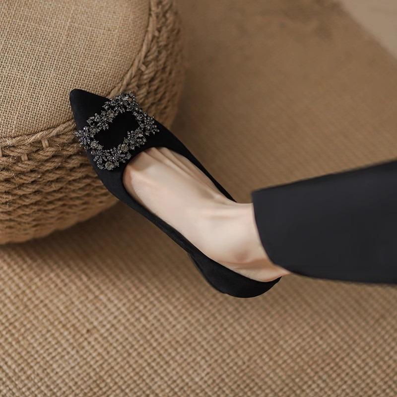 Summer and Autumn New Pointed Soft Sole Black High Heels Suede Commuter Dress Rhinestone Thick Heel Single Shoes Work Shoes