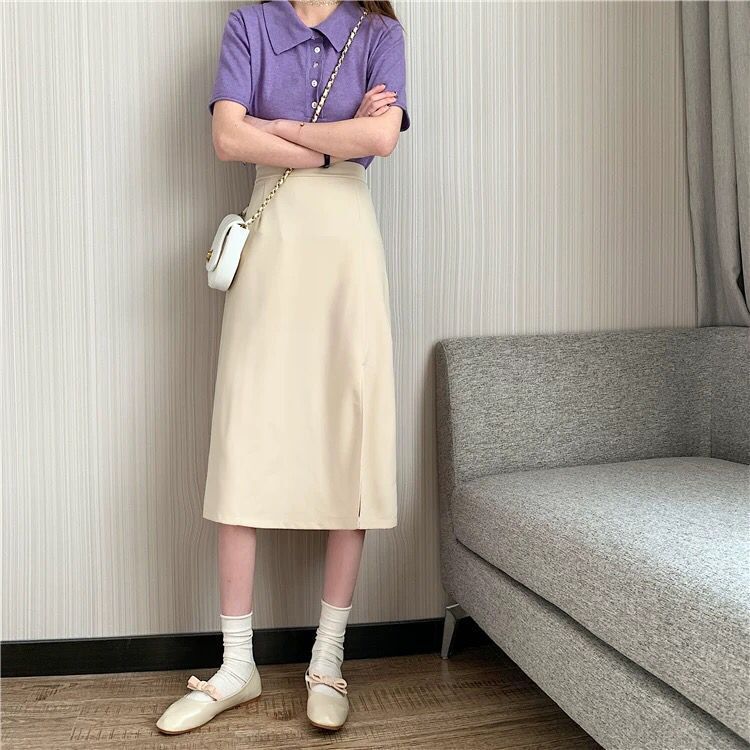 Women's Summer Plus Size High-Waisted Slit Academic Teacher Mid-Length A-Line Slimming Black Bodycon Casual All-match Versatile Skirt
