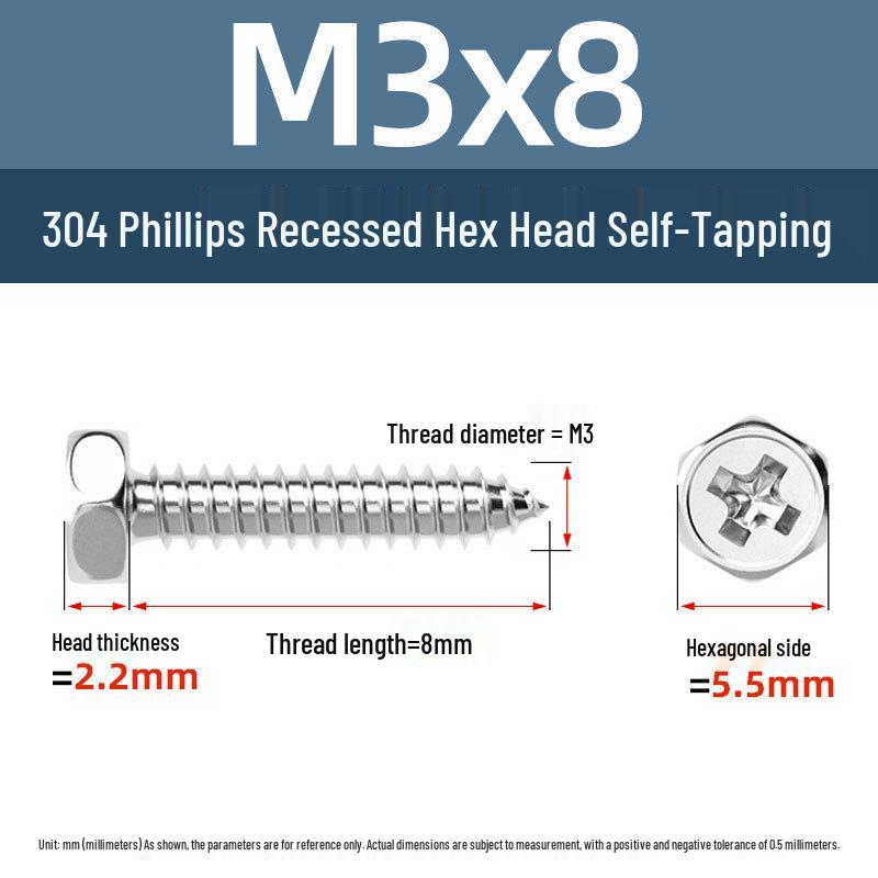 

Yigu 304 Stainless Steel Phillips Self-Tapping Screws with Hex Head for Wood, M3-M8