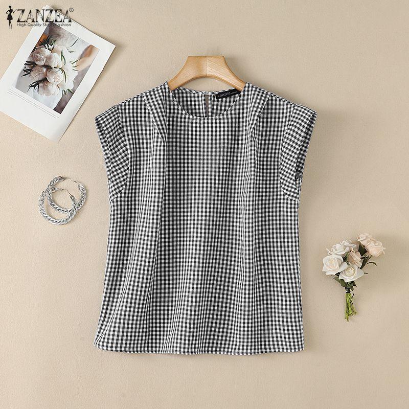 ZANZEA Women Casual Round Neck Sleeveless Plaid Print Blouse
