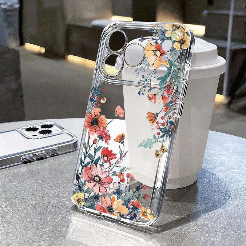 Transparent Flower Pattern Phone Case For iPhone 17e 17 16 15 14 13 Pro Max 17 16 Pro 16e 12 11 Clear Shockproof Soft Back Cover