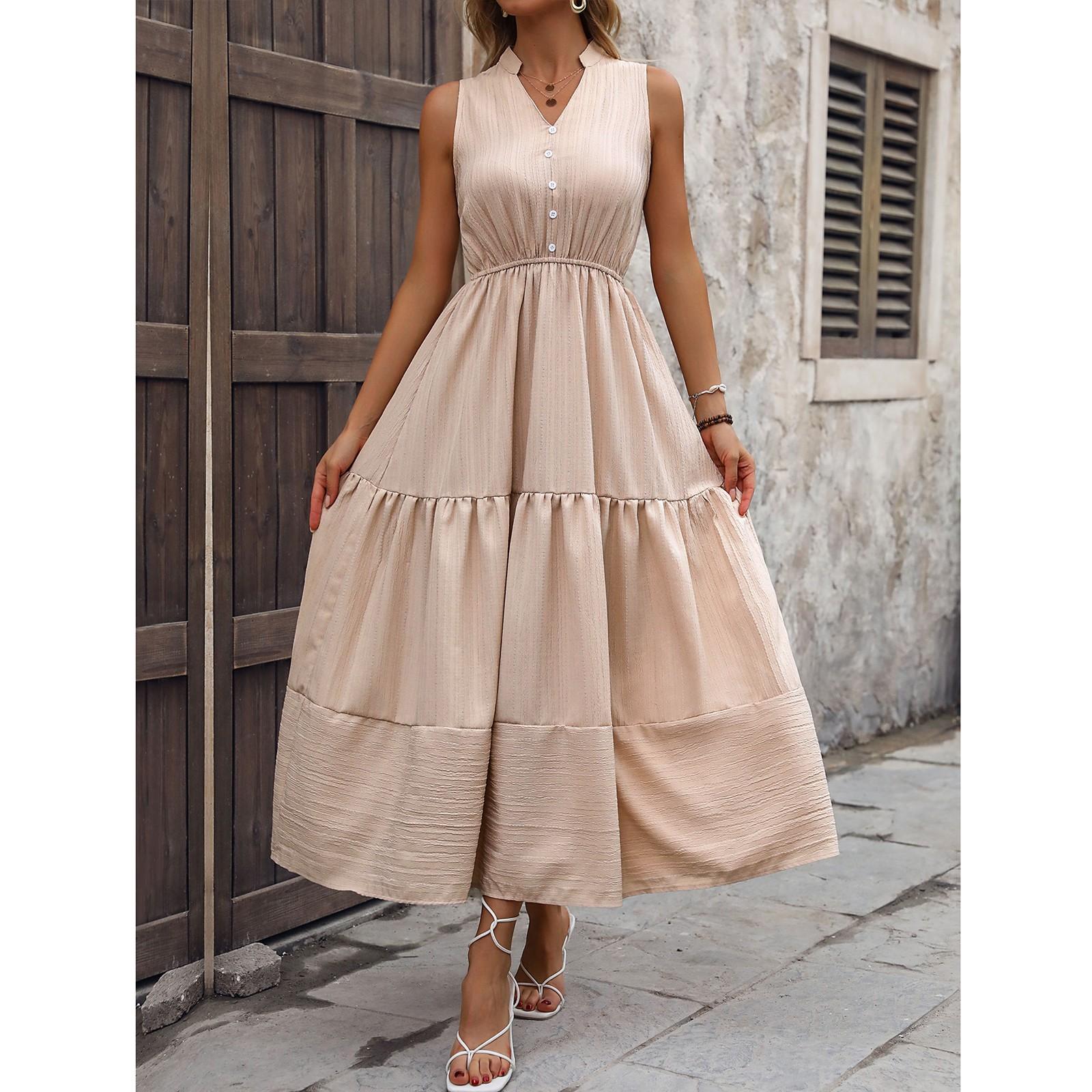 

Жіноча повсякденна та модна однотонна сукня максі з V-подібним вирізом на ґудзиках без рукавів S хакі