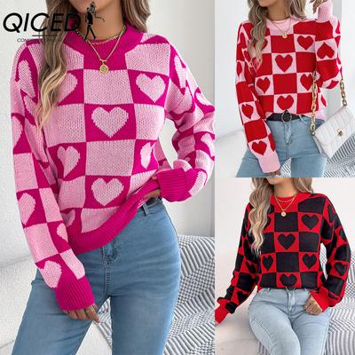 Autumn and Winter Color-blocking Checkered Heart-shaped Lantern Sleeve Pullover Sweater for Valentine's Day Women's Wear