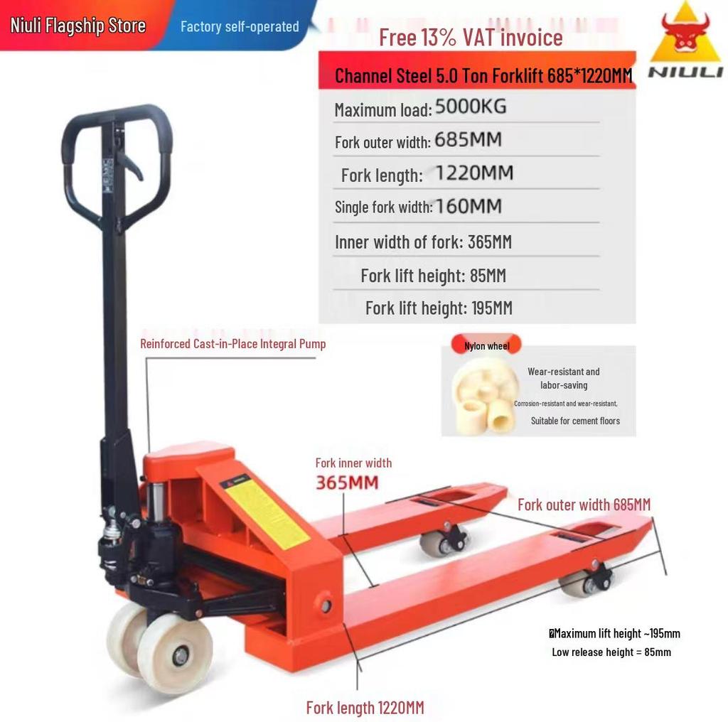 Niuli Hydraulic Manual Forklift: 2/3 Ton Pallet Jack with Hand Crank Lift and Push/Pull Cart
