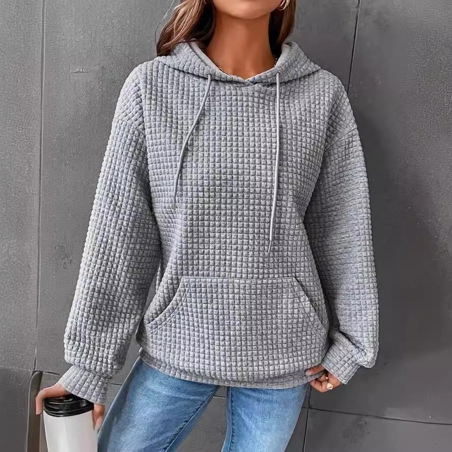 Women's Hooded Sweatshirt Spring and Autumn Style Waffle Fashion Beautiful Solid Color Hooded Drawstring Loose Sweatshirt