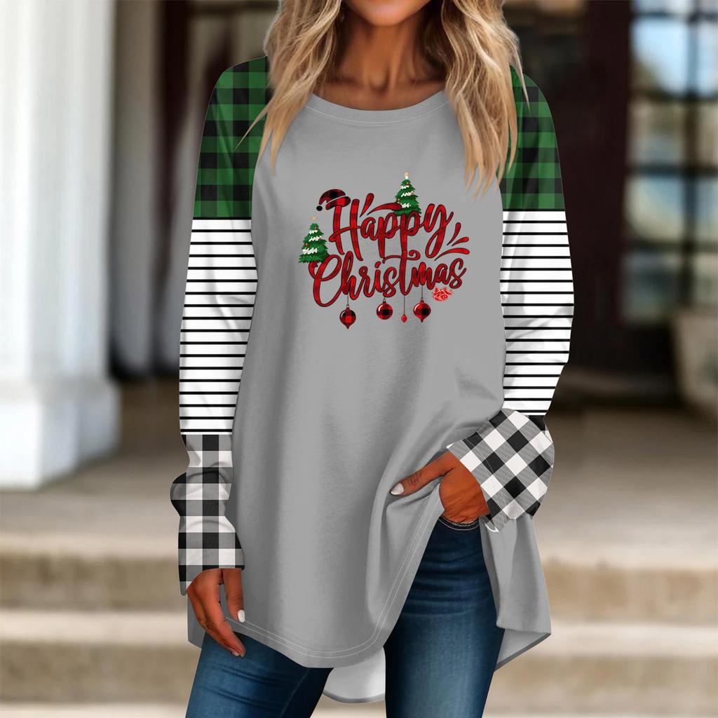 Fashionable Women's Loose Round Neck Christmas Small Print Long-sleeved T-shirt Top Pullover