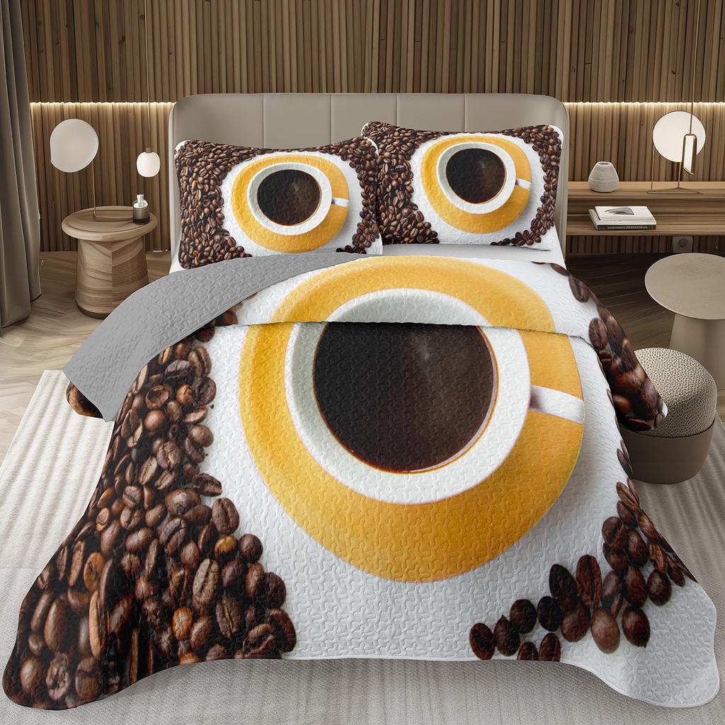 Single Twin Full Queen King Bedspread Set Coffee Bean Coverlet Set,Coffee Theme Bedding Set Coffee Lovers Gifts Room Decorations