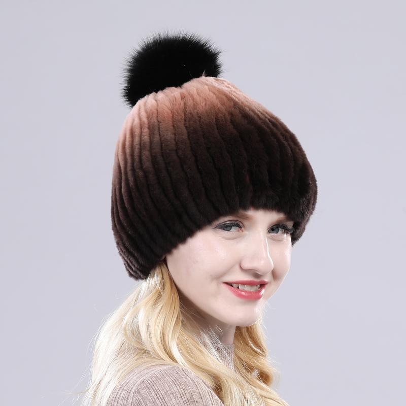 Winter hat Good elasticity women knitted 100% real rex rabbit fur cap with fox fur pompoms Natural rex rabbit fur lady warm hats