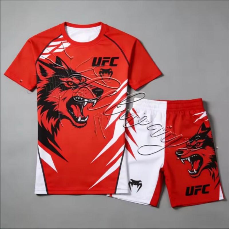 Atmungsaktives MMA Trainingsset für Herren 3D Digitaldruck Kurzarm-T-Shirt Shorts Sportbekleidung