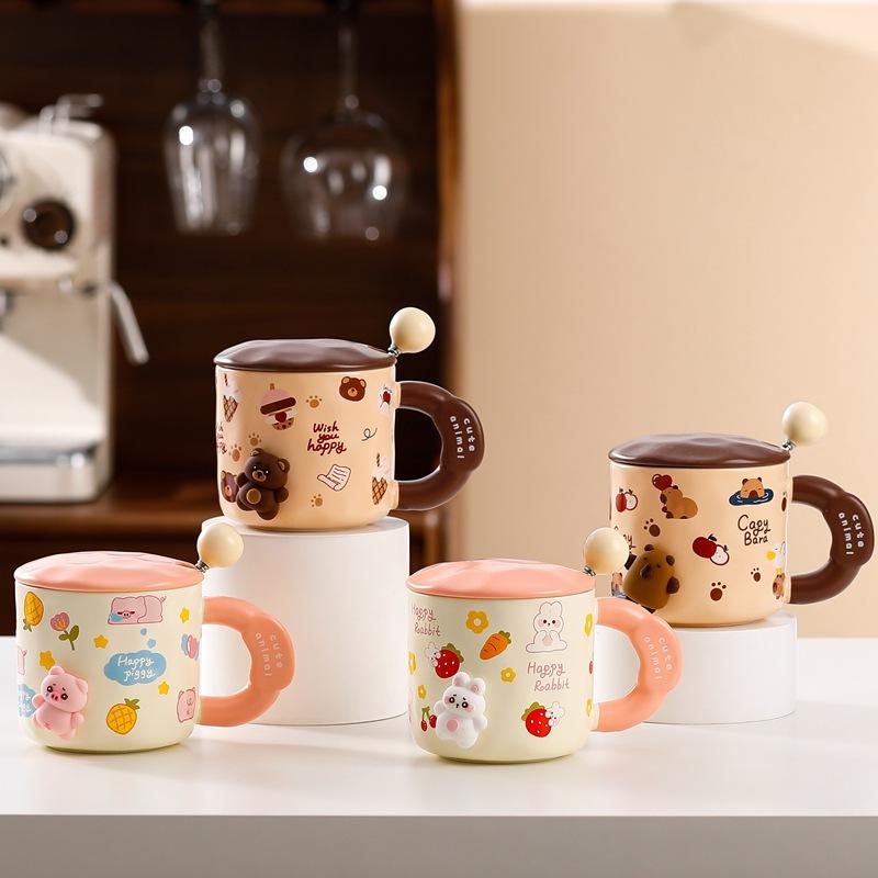 3D Magnetic Mug with Lid Spoon Creative Personality Ceramic Water Cup Cute Cartoon Large Capacity Office Coffee Cup