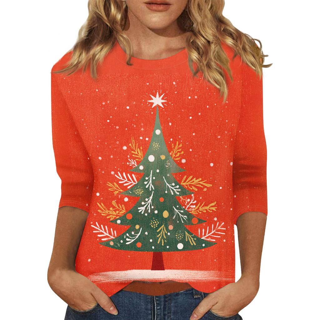 Women's O-Neck 3/4 Sleeve Christmas Print Top