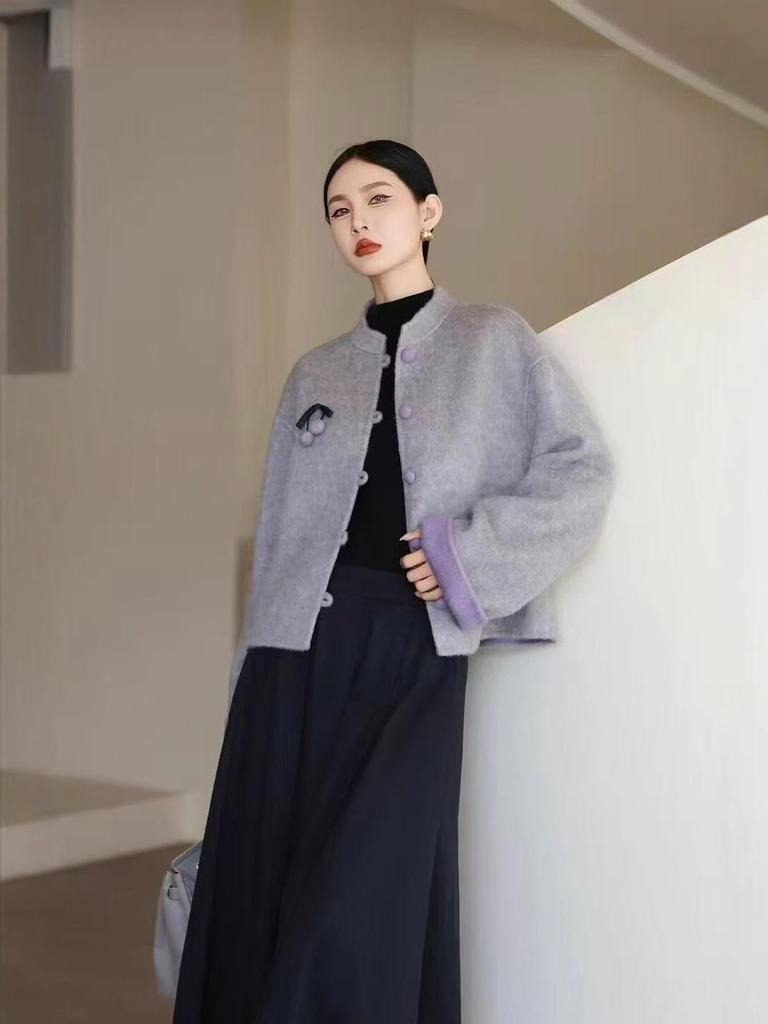 2025 Chinese Style Double-Sided Wool Coat for Women - Short, Elegant, Modern Design for Petite Frames