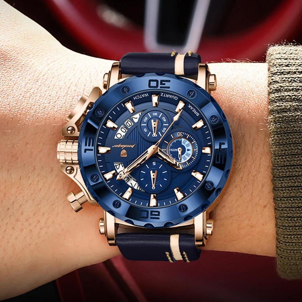 POEDAGAR Fashion Men's Quartz Chronograph Watch Luminous Waterproof with Leather Strap Ideal Gift for Men Business Casual