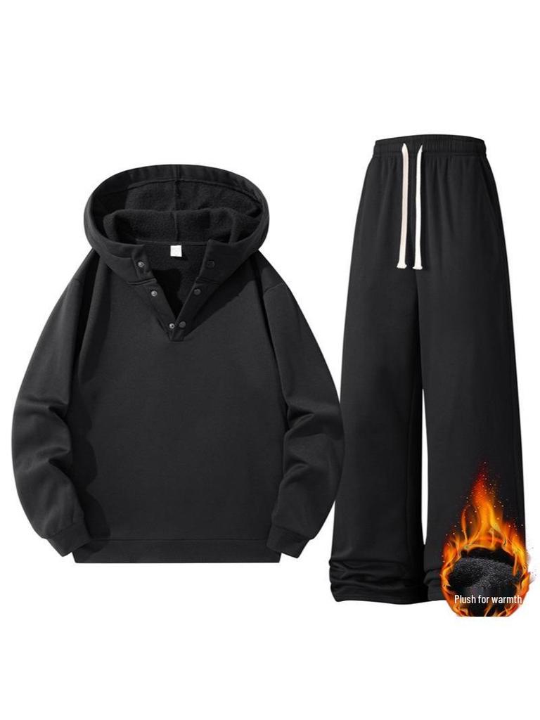 Unisex Casual Velvet Hoodie & Sweatpants Set - Solid Colors