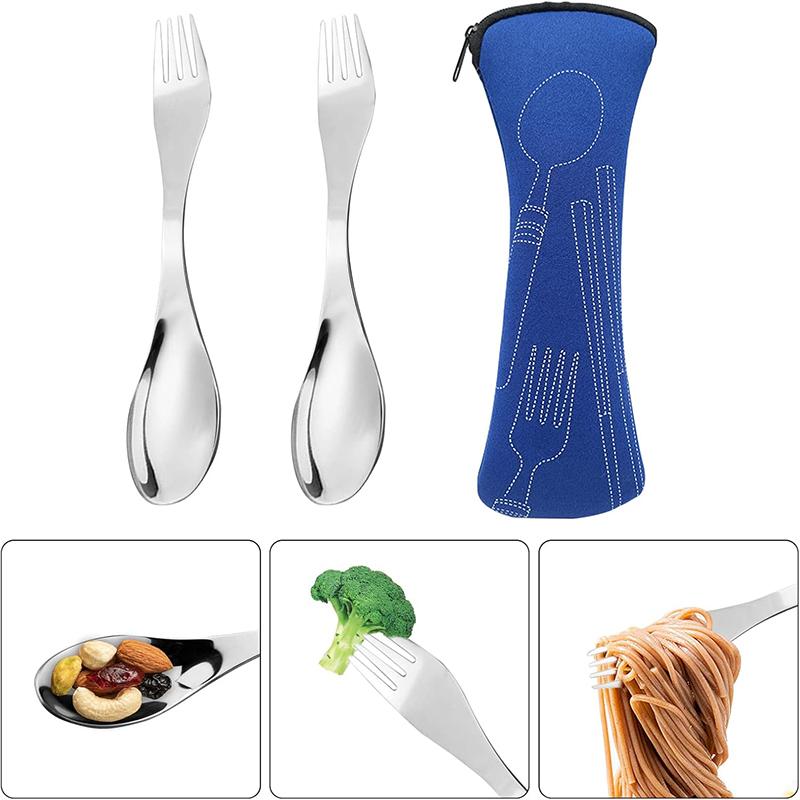 2Pcs Stainless Steel Spork 2-in-1 Spoon with Cutlery Bag Portable Camping Spork Reuseable Spoon Fork Kit Flatware Kitchen Tools4