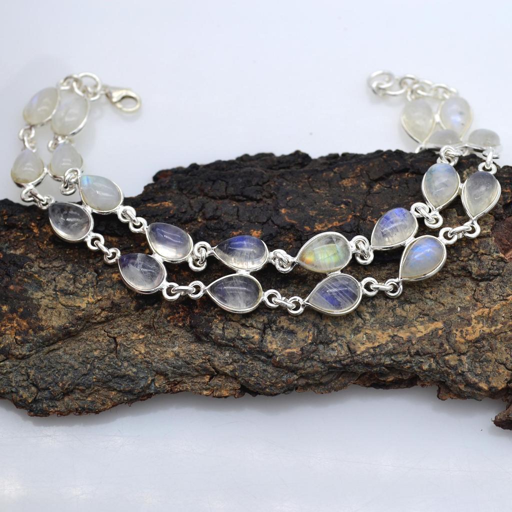 Moonstone Gemstone Handmade Bracelet 925 Sterling Silver Beautiful Designer Jewelry