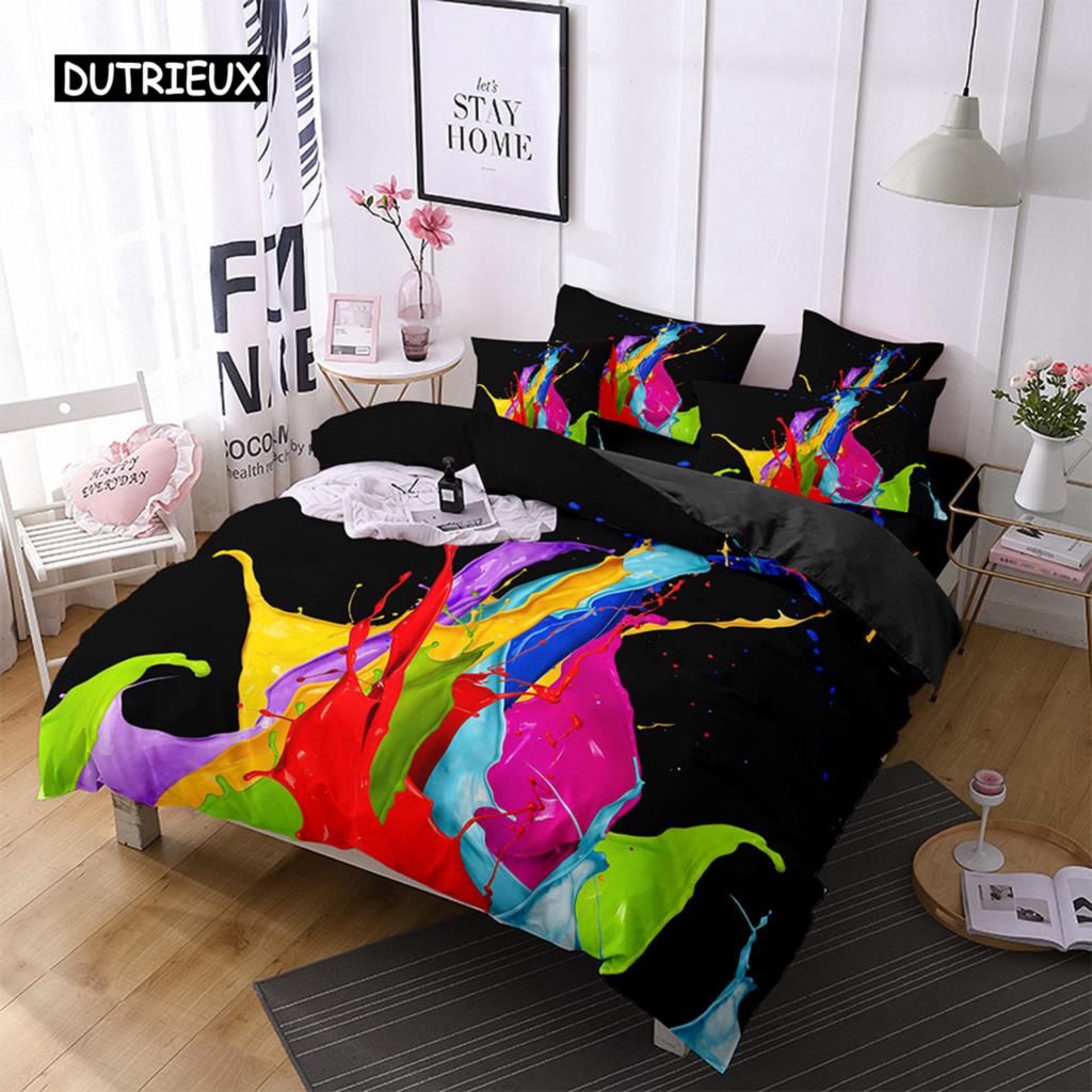 Set Copripiumino Acquerello Nero Multicolore Stampa Disegnata a Mano Biancheria da Letto Matrimoniale Microfibra Motivo Astratto Copripiumino