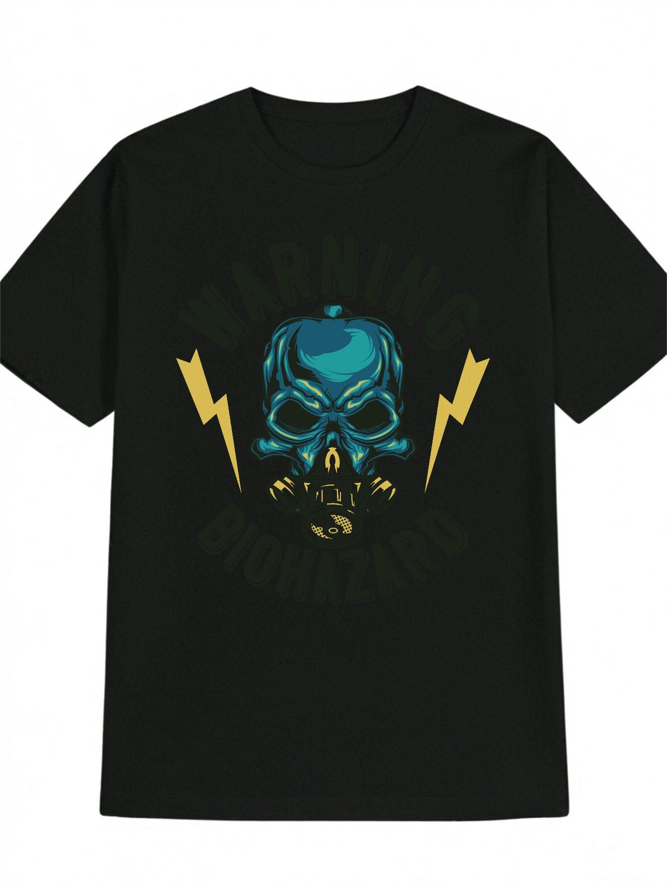 Casual Skull Graphic T-shirt - Blue Print Design with Warning Text S