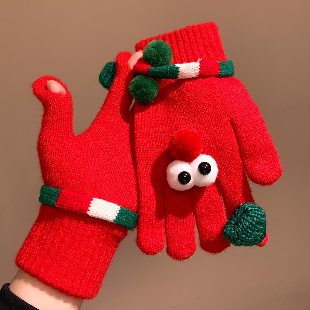 Funny and Cute Red Christmas Tree Big Eyed Gloves for Women In Winter Knitted Plush Warm Five Finger Windproof and Cold Proof