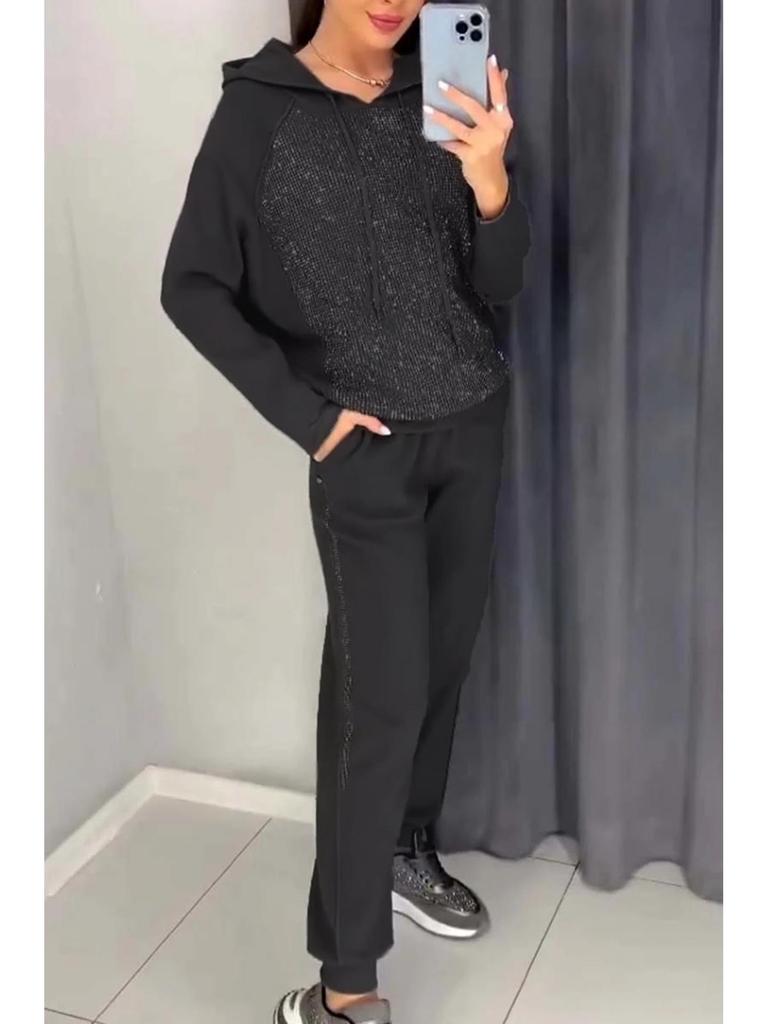 Trendiges Damen-Strass-Kapuzensweatshirt und Jogger-Set für Frühling und Herbst 2024.
