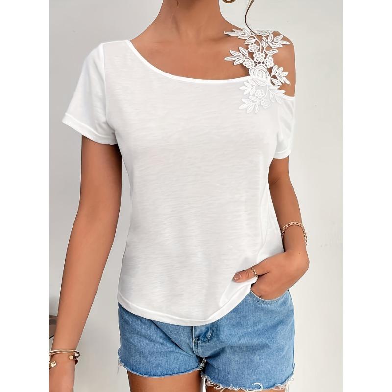 

Женская летняя новая однотонная модная кружевная футболка-топ XXL белый