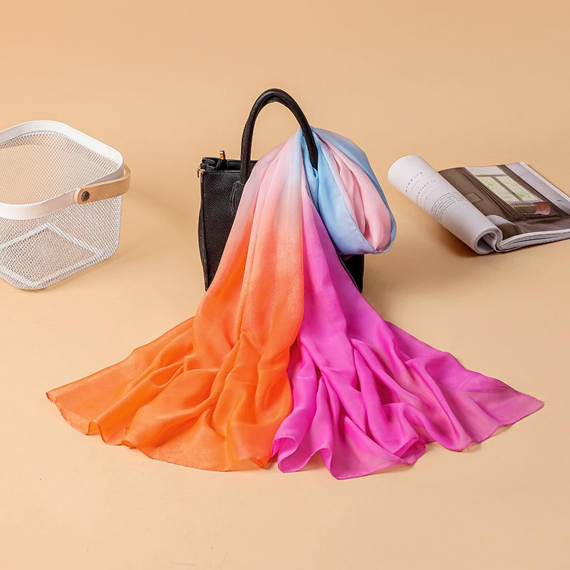 Larger Scarf for Women Spring New Multi-color Gradient Color Block Georgette Soft Hand Scarf Printed Thin Silk Scarf