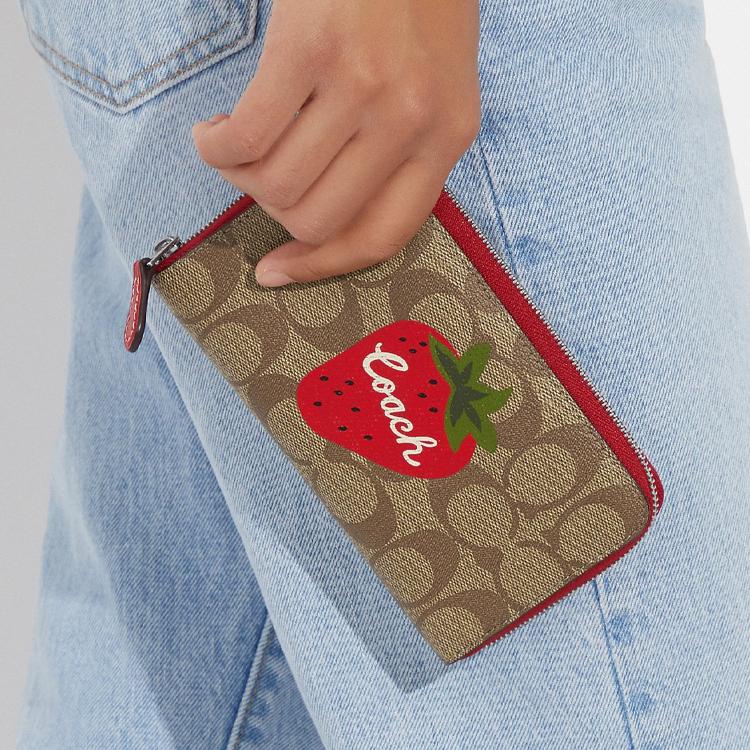 New COACH Id Zip Wallet Canvas With Leather Coin Purse Wallet Medium Women's Ebony & Red CH529-SVRVB