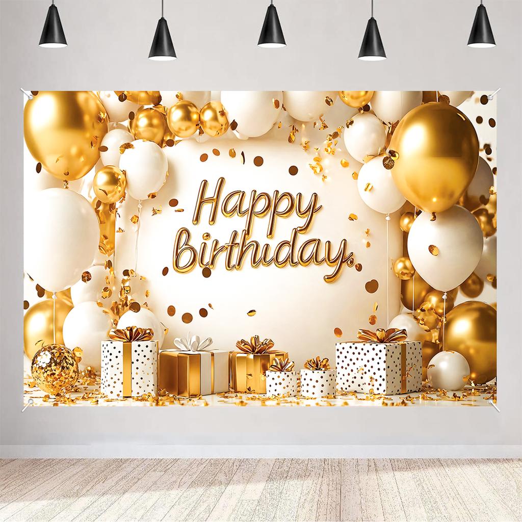 1pcs White and Gold Background Happy Birthday Party Decorations for Home Backdrop Banner 18th 30th 40th Birthday Party Supplies