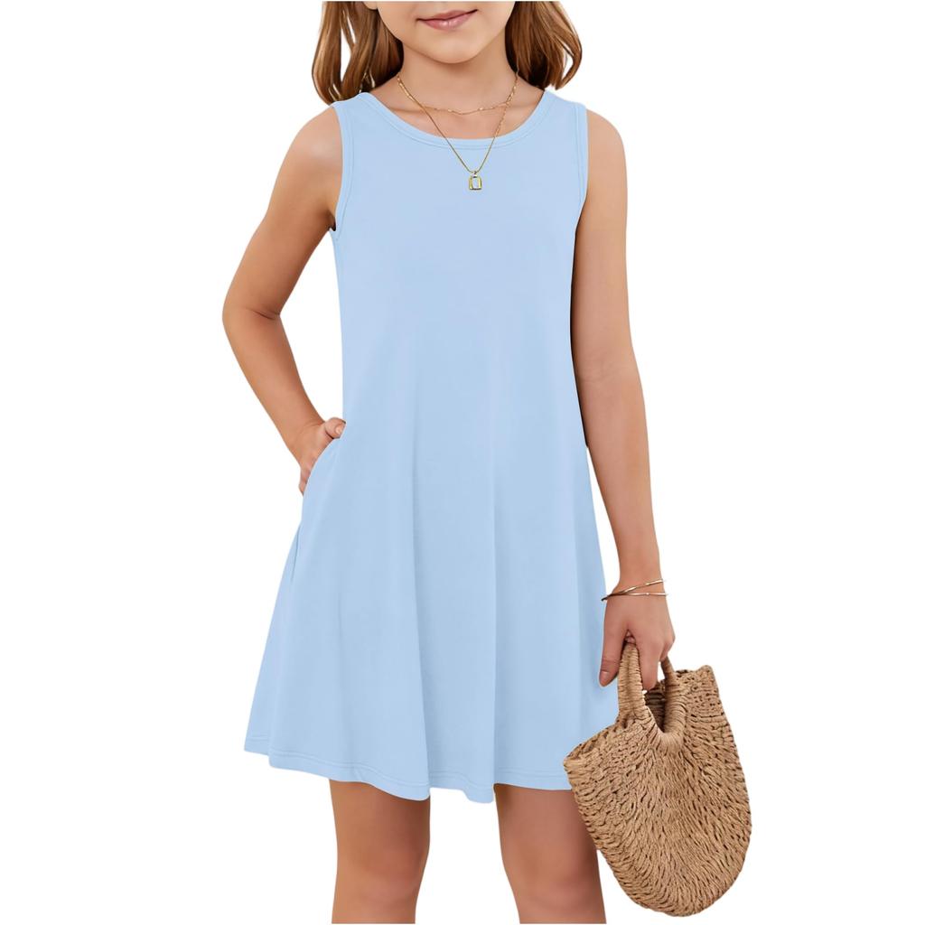 Girl Summer Dress Sleeveless Printed Color Casual Dress With Pocket