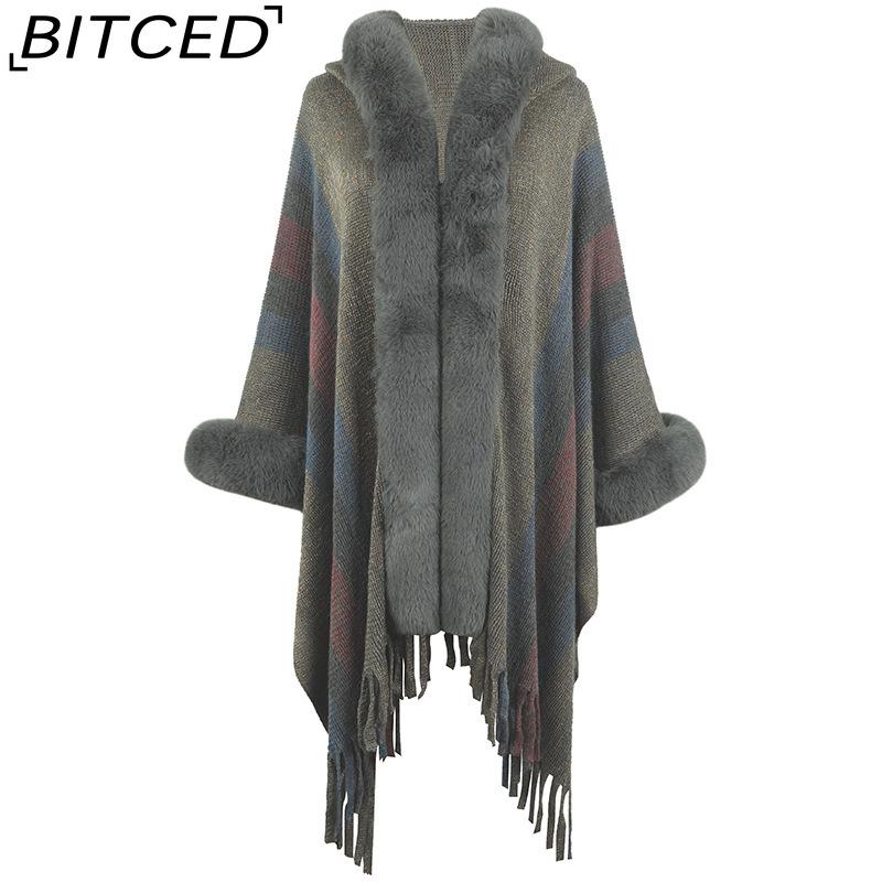 BITCED Hooded Cape Women's Fall/Winter Striped Knit Fringe Shawl