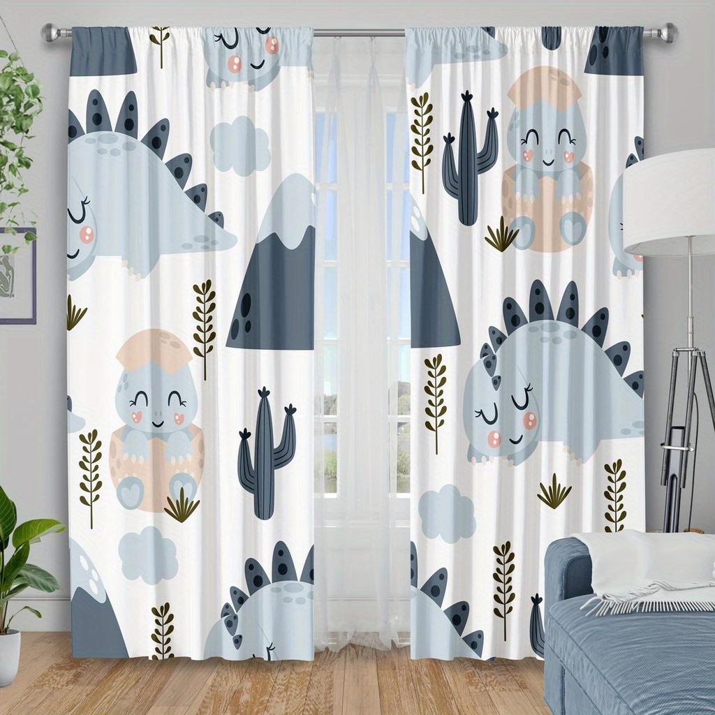 2pc Cartoon Dinosaur Print Curtains - Polyester Fabric for Bedroom   Living Room   and Kitchen - Machine Washable