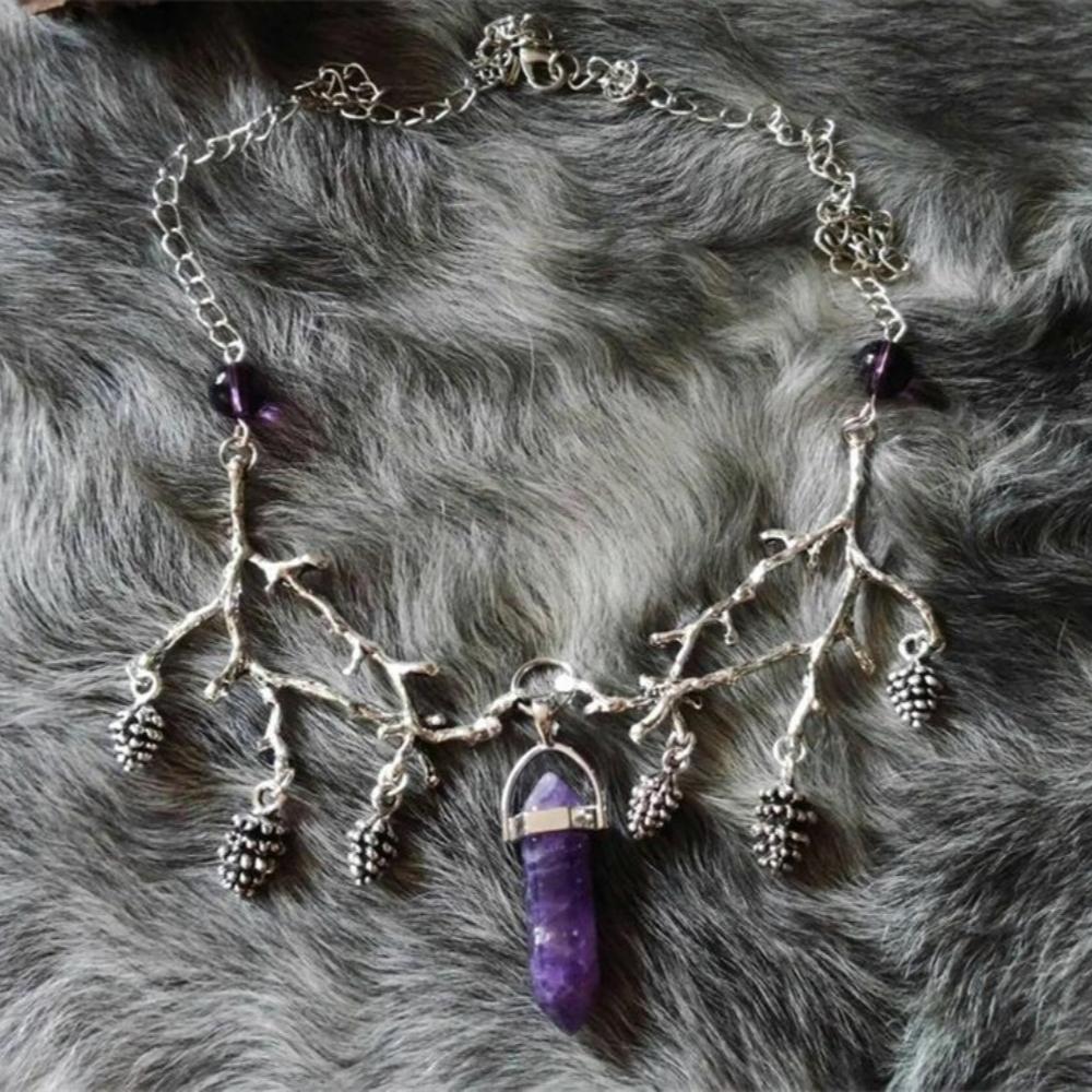 Gothic Retro Silver Color Tree Branch Pinecone Irregular White Crystal Tassel Pendant for Women Halloween Forest Witch Jewelry