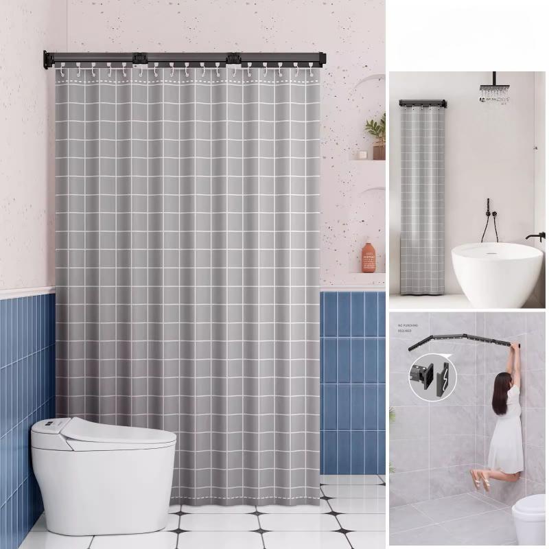 Foldable Shower Curtain Rod for Bathroom and Toilet, No Need To Drill Holes, Dry-wet Separation, C-shaped Waterproof Shower