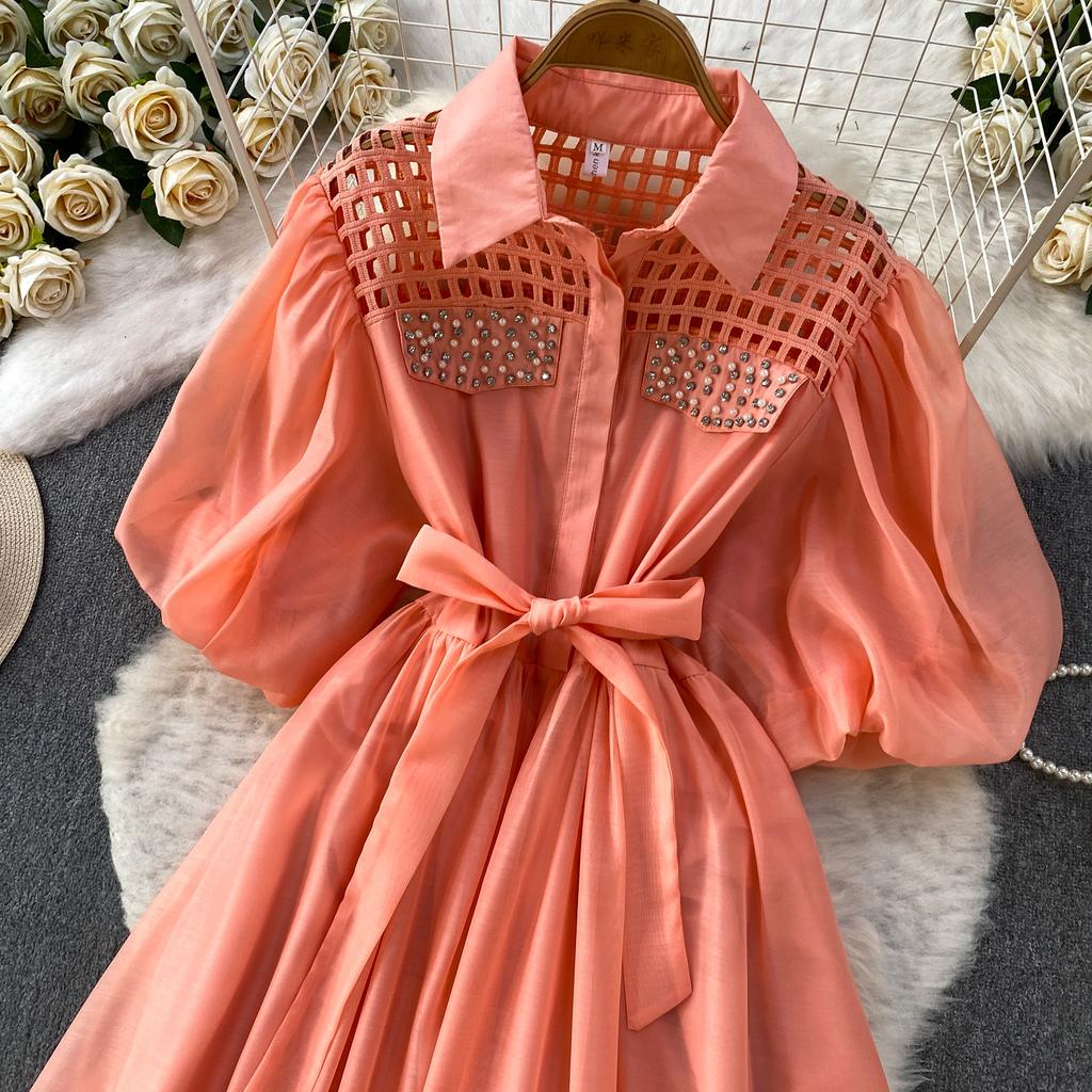 Summer Hollow Out Beaded Loose Chiffon Beach Dress Shirt Women's Puff Sleeve Lace Up Belt Holiday Party Long Robes Maxi Dress