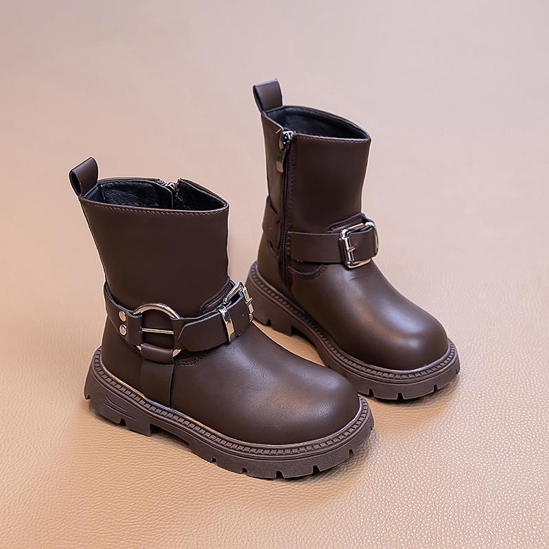 2025 Autumn/Winter Girls' Mid-Calf Leather Boots with Side Zipper and Velvet Lining