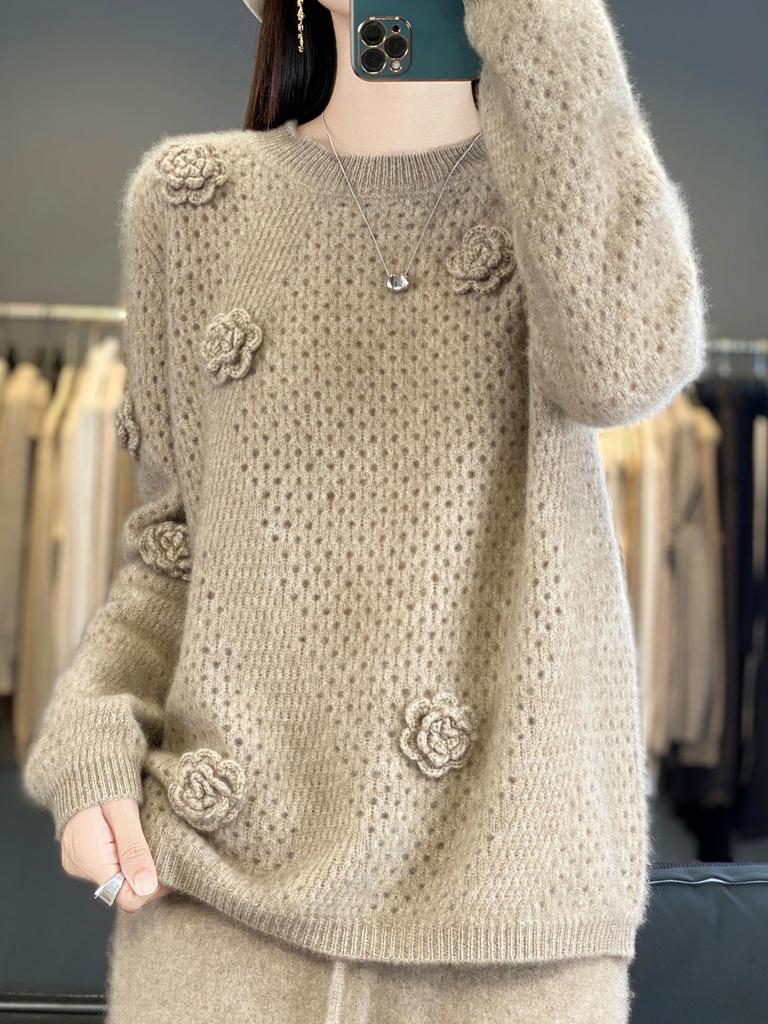 2025 Autumn/Winter Women's Thick Cashmere Hand-Knit Hollow Round Neck Long Sleeve Sweater